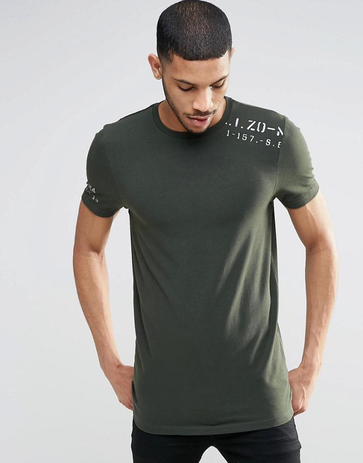 Asos Longline Muscle T-shirt With Military Stamp Shoulder Print - Army Green