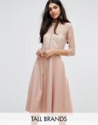Y.a.s Tall Pretty Skater Dress With Lace Yoke And 3/4 Sleeves - Pink