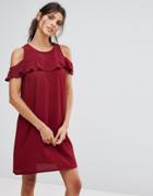 Ax Paris Cold Shoulder Frill Smock Dress - Red