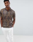 Asos Design Relaxed Polo With All Over Carpet Print In Linen Look - Multi