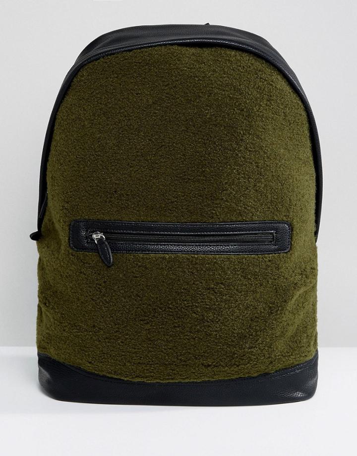 Asos Backpack In Khaki Borg With Faux Leather Trims - Green