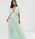 True Decadence Tall Premium Plunge Front Maxi Dress With Shoulder Detail In Soft Mint - Green