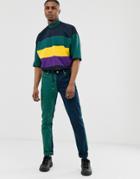 Asos Design Cropped Oversized T-shirt With Drawstring Hem And Half Zip With Color Block-navy