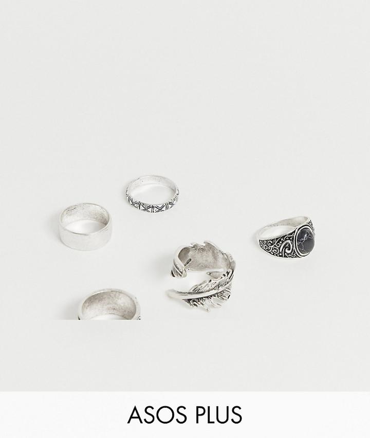Asos Design Plus Chunky Ring Pack In Burnished Silver With Feather And Black Stone Design