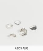 Asos Design Plus Chunky Ring Pack In Burnished Silver With Feather And Black Stone Design