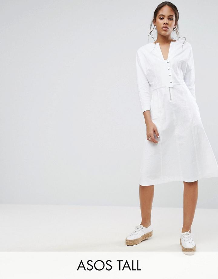 Asos Tall Midi Dress With Popper Detail - White