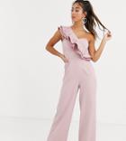 Chi Chi London Petite One Shoulder Ruffle Jumpsuit In Mink-pink