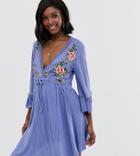 Asos Design Maternity Mini Embroidered Smock Dress With Ladder Trim - Blue