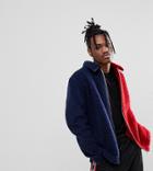 Reclaimed Vintage Inspired Spliced Borg Jacket In Red And Navy - Navy