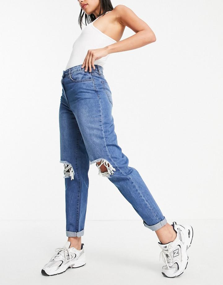 Parisian Ripped Mom Jeans In Mid Blue-blues