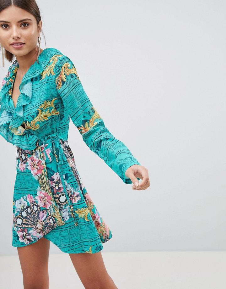 Prettylittlething Printed Wrap Dress - Green