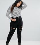 Asos Design Curve Ridley High Waisted Skinny Jeans In Black With Shredded Rips