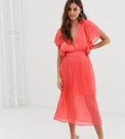 Prettylittlething Pleated Midi Dress With Open Back In Coral - Multi