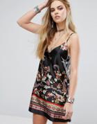 Honey Punch Cami Dress With Placement Print In Satin - Black