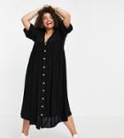 Asos Design Curve Shirred Button Down Midi Smock Dress In Black