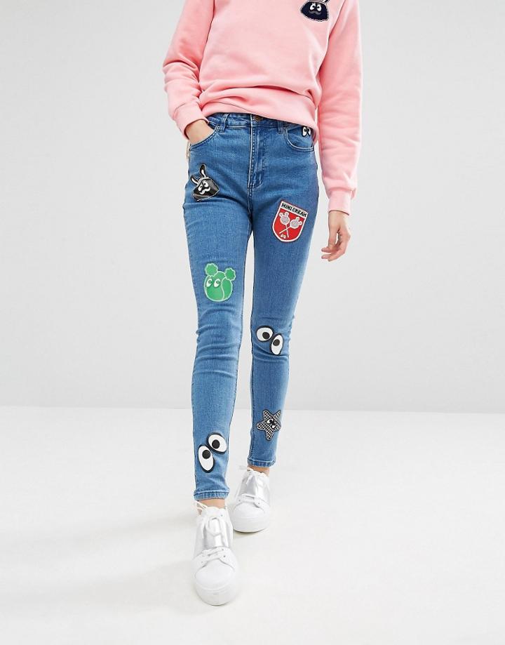 Mini Cream Denim Skinny Jeans With Badge Details - Blue
