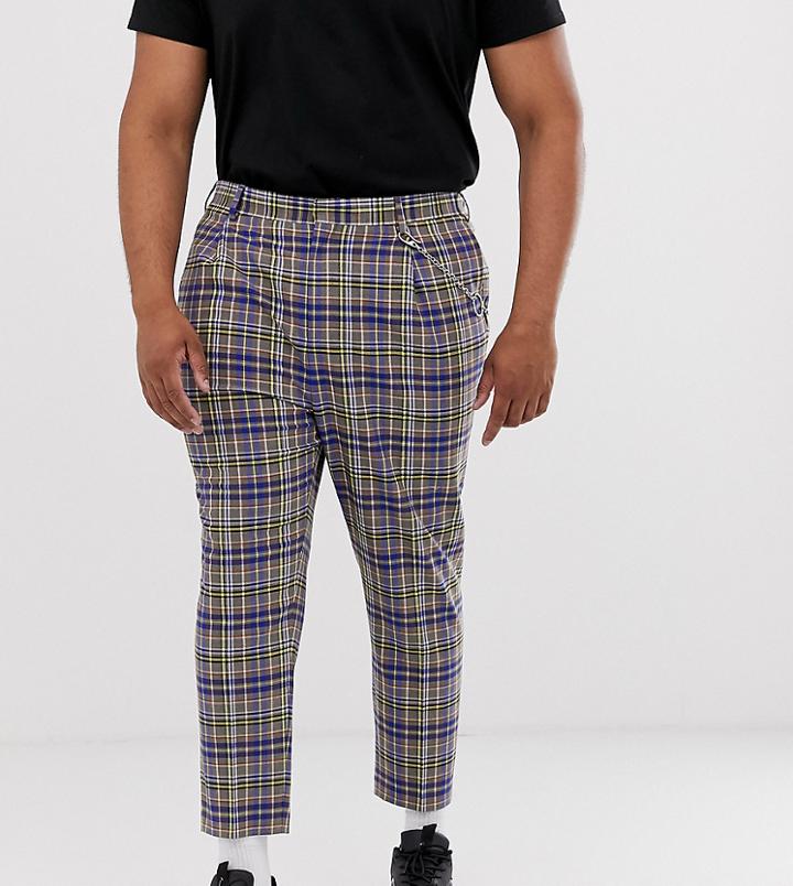 Asos Design Plus Tapered Crop Smart Pants In Gray And Blue Check With Metalwork