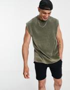 Asos Design Oversized Tank In Khaki Ribbed Velour Cord-green