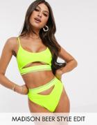 Asos Design Underboob Crop Bikini Top With Reflective Elastic In Neon Yellow