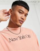 Asos Design Oversized T-shirt In Apricot Ribbed Velour With New York City Embroidery - Peach - Peach-orange