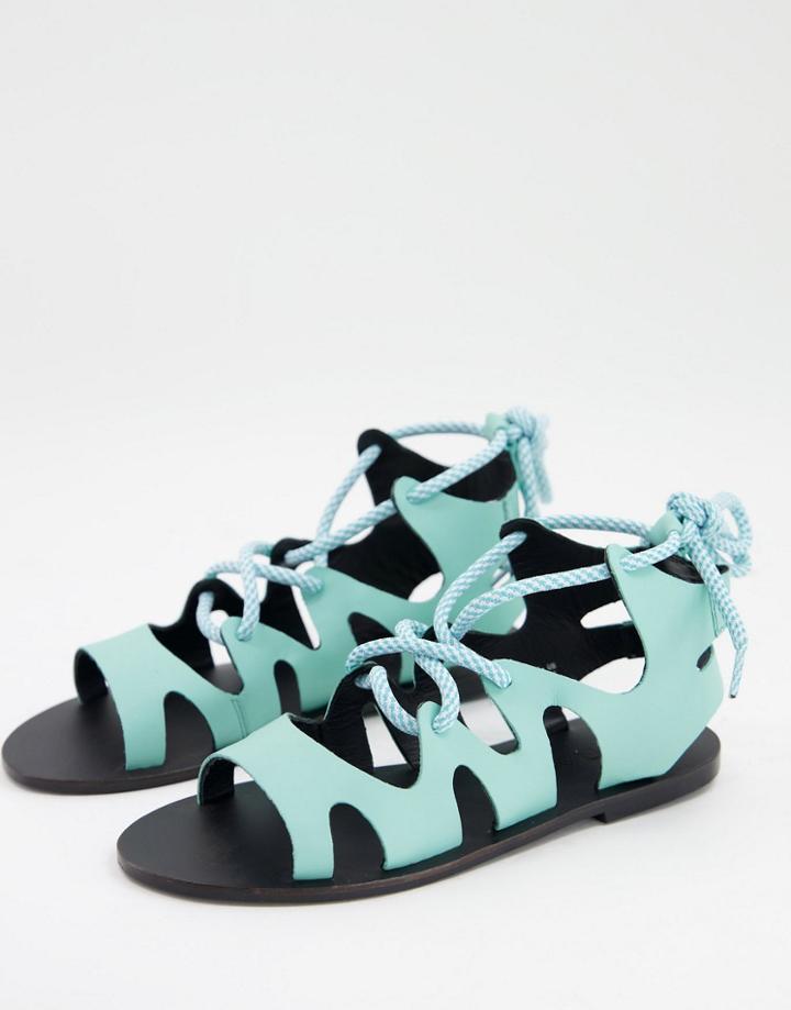 Asra Savannah Flat Sandals With Ankle Tie In Turquoise-blues