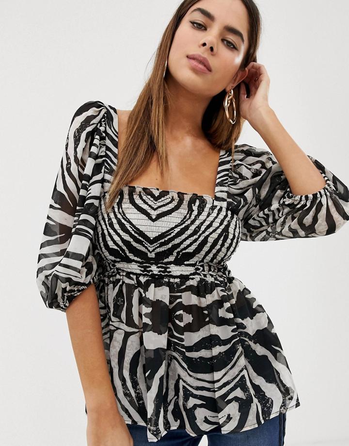 Asos Design Sheer Square Neck Top With 3/4 Sleeve In Zebra Animal Print-multi