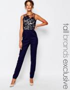 Little Mistress Tall Scallop Lace Tailored Jumpsuit With Floral Embroidery - Blue
