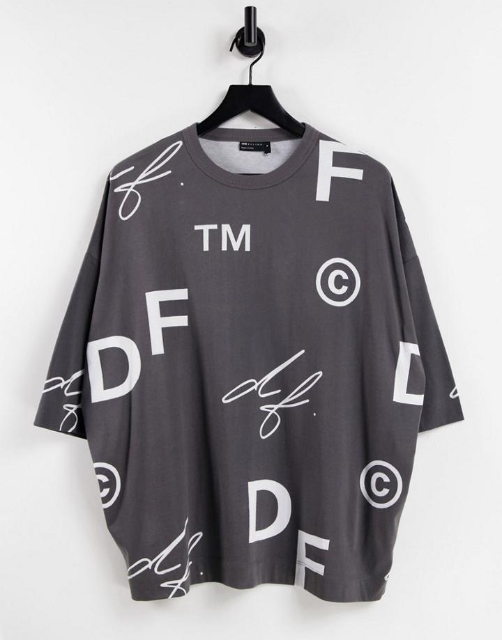 Asos Dark Future Oversized T-shirt With All Over Logo Print In Gray-grey