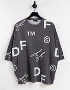 Asos Dark Future Oversized T-shirt With All Over Logo Print In Gray-grey