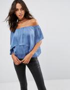 Asos Tiered Off Shoulder Top In Satin - Blue