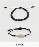 Asos Design Bracelet Pack In Black With Beads And Feather - Black