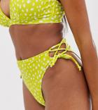 Peek & Beau Eco Exclusive High Leg Bikini Bottom With Lace Up Side In Lime Animal Spot-green