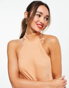 Asos Design Halter Cami Top With Button Back In Tan-brown