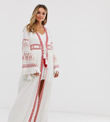 Violet Skye Maxi Kimono Jacket With Fringe Sleeves And Tassels In Cream - Cream