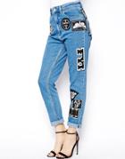 Asos Farleigh High Waist Slim Mom Jeans In Mid Wash Blue With 90s Mono Badges - Blue