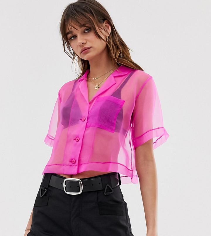 Reclaimed Vintage Inspired Crop Sheer Organza Revere Shirt - Pink