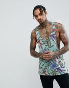Asos Design Extreme Racer Back Tank With Raw Edge In Linen Look Fabric With Floral Print - Green