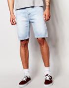 Asos Denim Shorts In Stretch Slim With Abrasions - Washed Blue