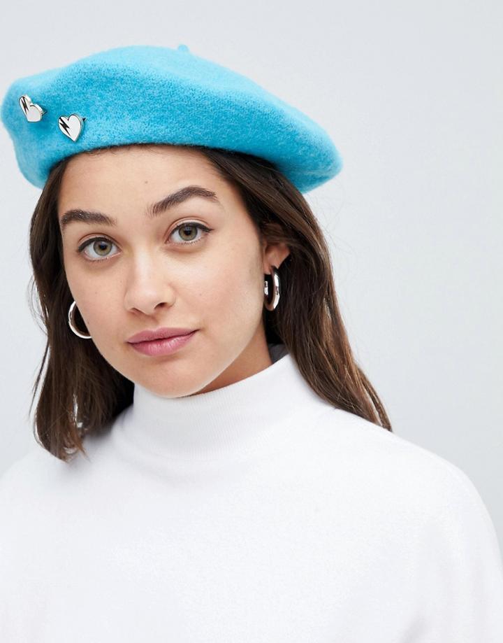 Asos Design Beret In Aqua With Heart Badges - Blue