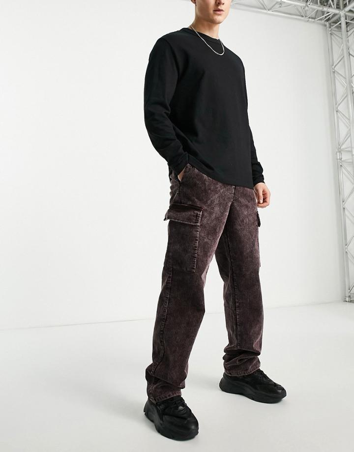 Asos Design Relaxed Cord Pants With Cargo Pockets And Acid Wash-purple