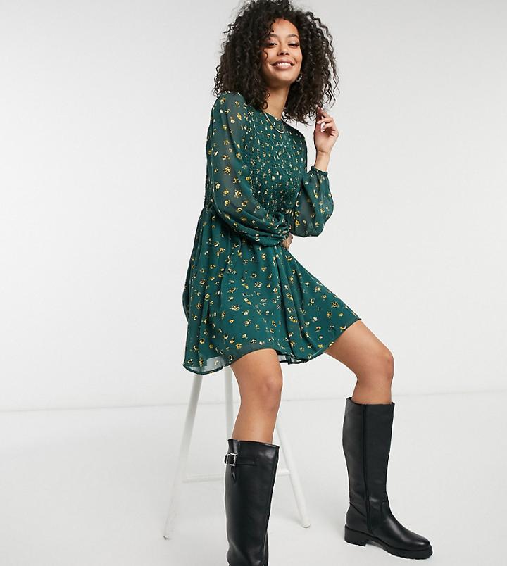 Asos Design Tall Shirred Mini Smock Dress In Floral Print-multi