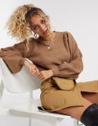 Noisy May Sweater With Pointelle Detail And Volume Sleeves In Camel-brown