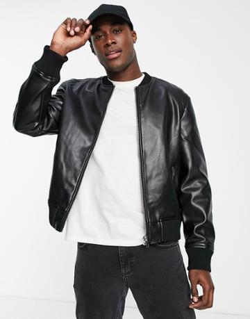 Urbancode Faux Leather Bomber Jacket In Black