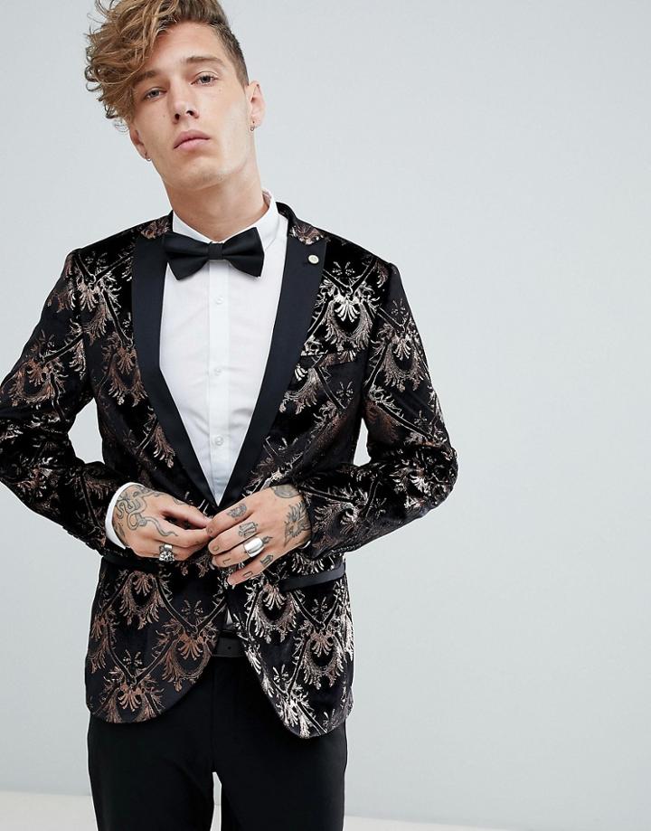 Twisted Tailor Super Skinny Blazer In Printed Velvet - Black