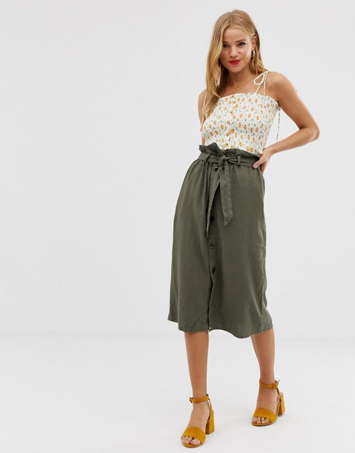 Jdy Button Through Linen Midi Skirt-green