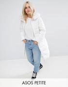 Asos Petite Longline Puffer Coat With Faux Fur Trim Hood - White