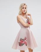 New Look Embroidered Bonded Mesh Skater Dress - Pink