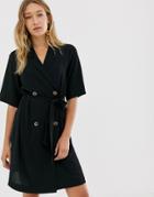 Monki Double Breasted Tie Waist Mini Dress In Black - Black