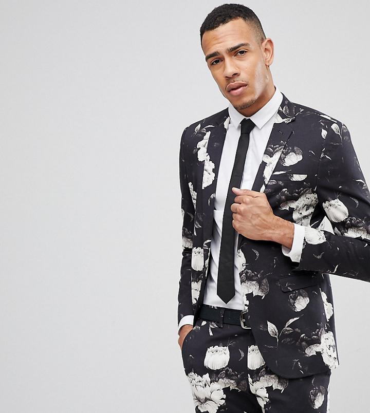 Asos Tall Skinny Suit Jacket In Black Photographic Print - Black