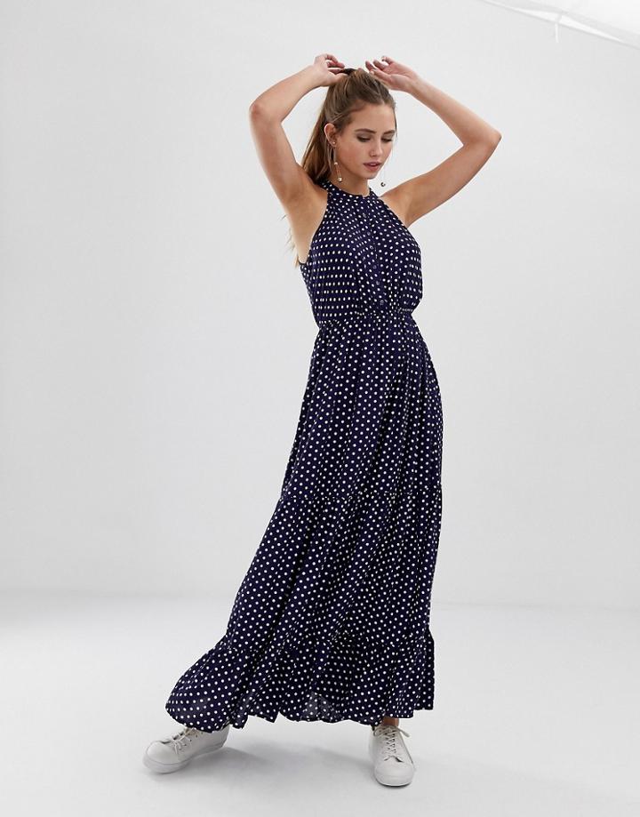 Brave Soul Skye Maxi Dress In Polka Dot - Navy